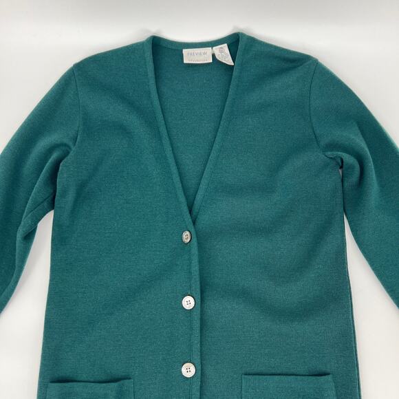 Vintage Nordstrom Preview Merino Wool Cardigan Small Green Button Long V Neck - Picture 4 of 11